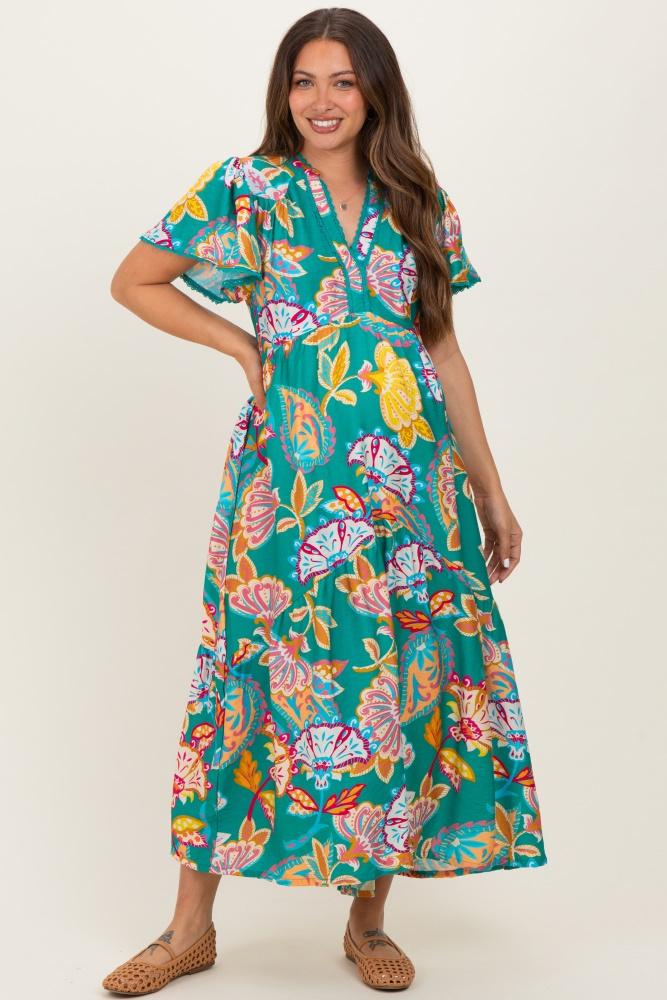 emerald boho print lace trim tiered maternity midi dress