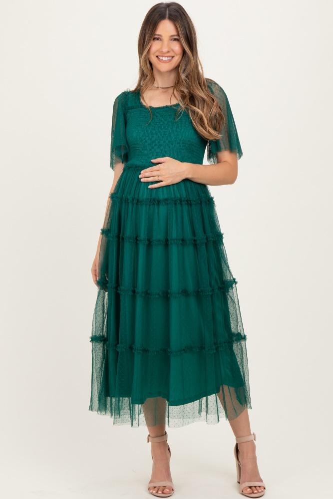emerald green ruffled mesh maternity maxi dress