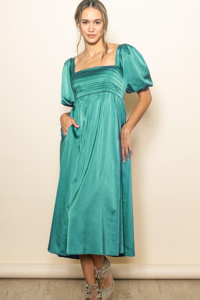 emerald green satin pleated bodice puff sleeve midi dress