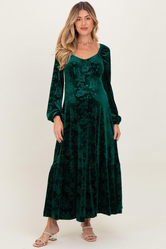 emerald green velvet jacquard floral maternity maxi dress