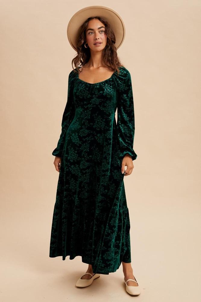 emerald green velvet jacquard floral maxi dress