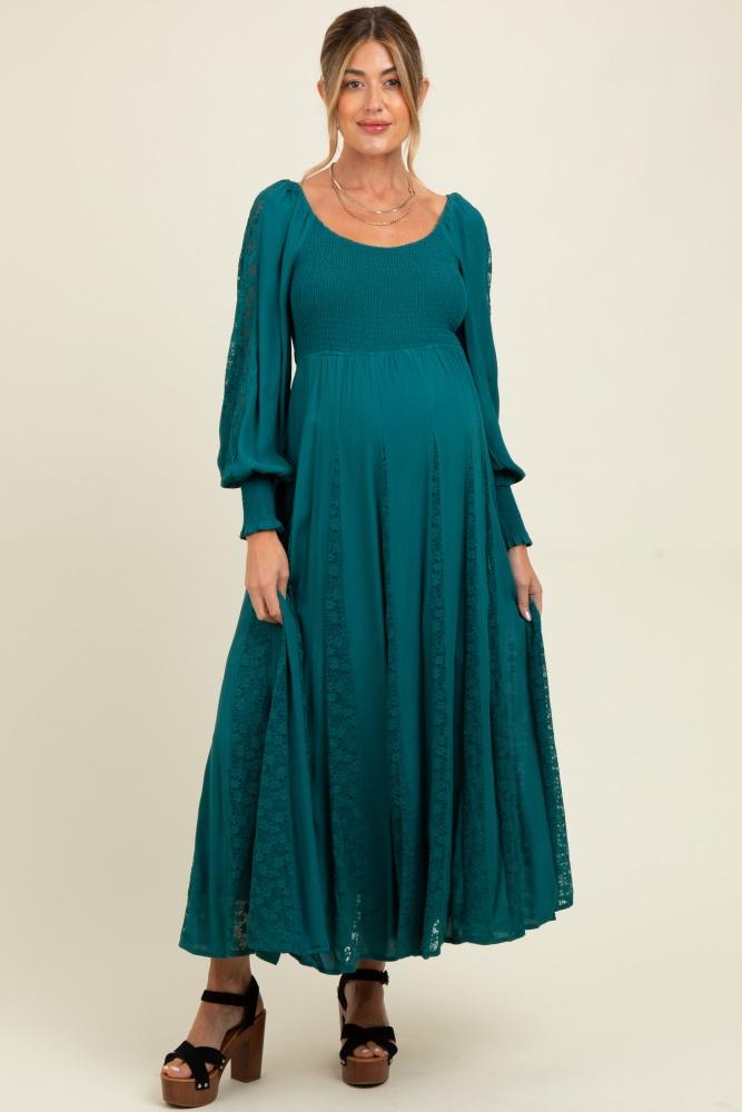 emerald lace inset smocked maternity maxi dress