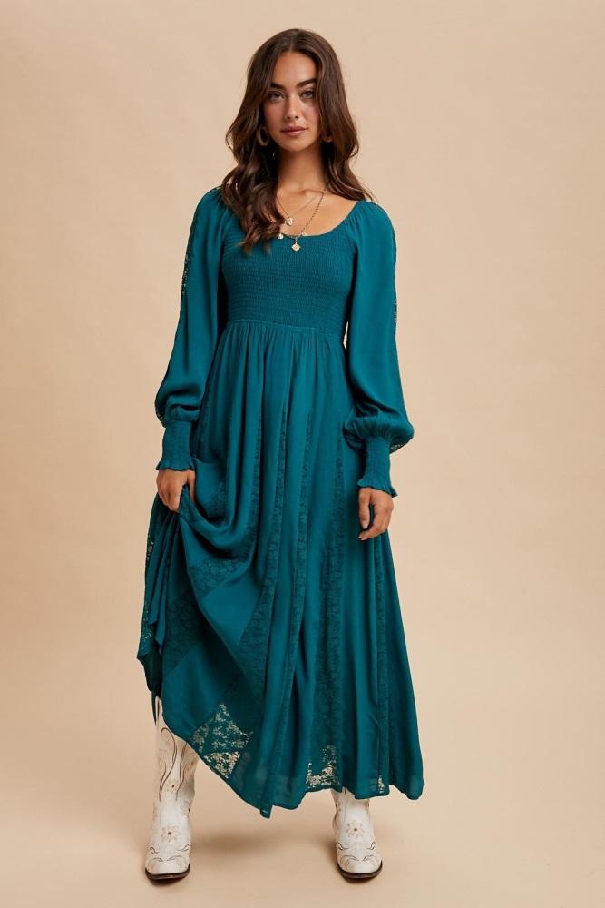 emerald lace inset smocked maxi dress