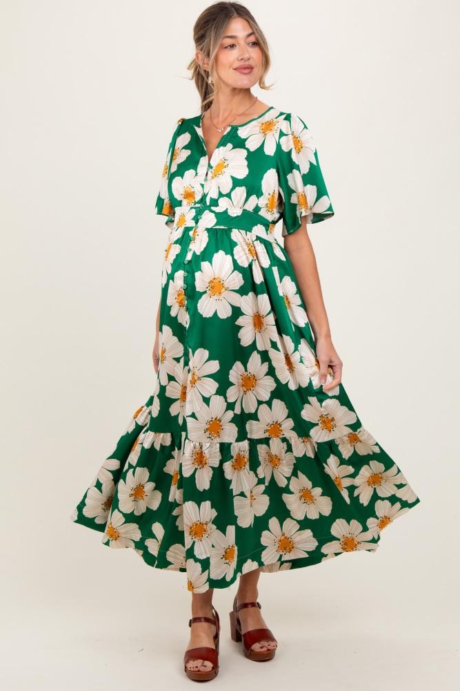 emerald notched collar floral button down maternity maxi dress