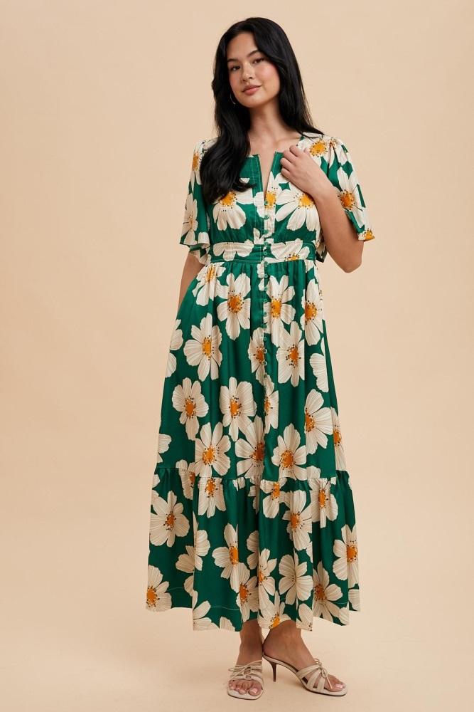 emerald notched collar floral button down maxi dress