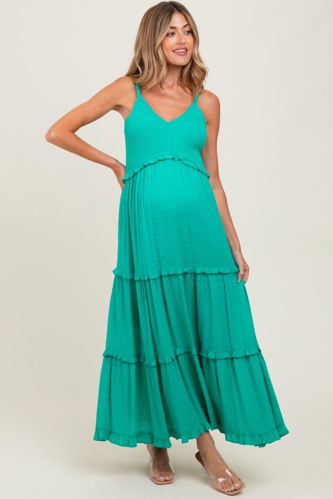 emerald swiss dot smocked sleeveless maternity maxi dress