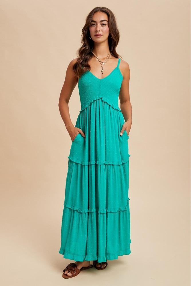 emerald swiss dot smocked sleeveless maxi dress