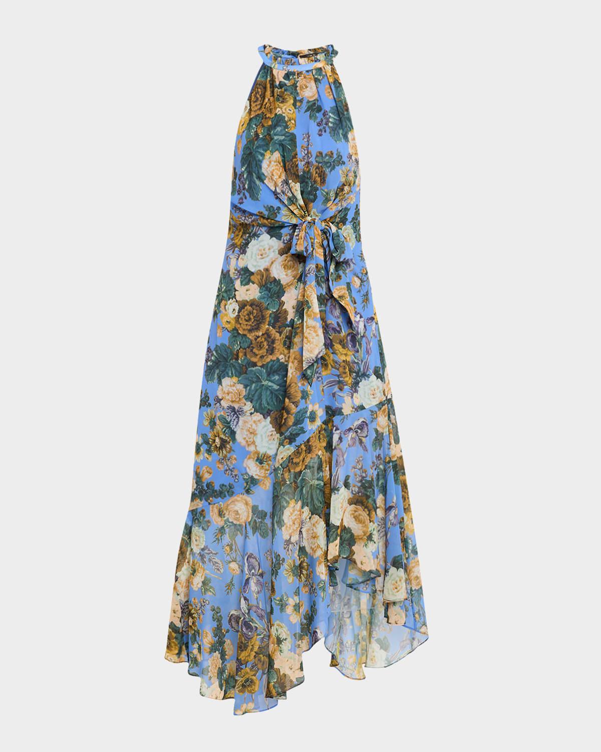 emery asymmetric floral-print halter midi dress