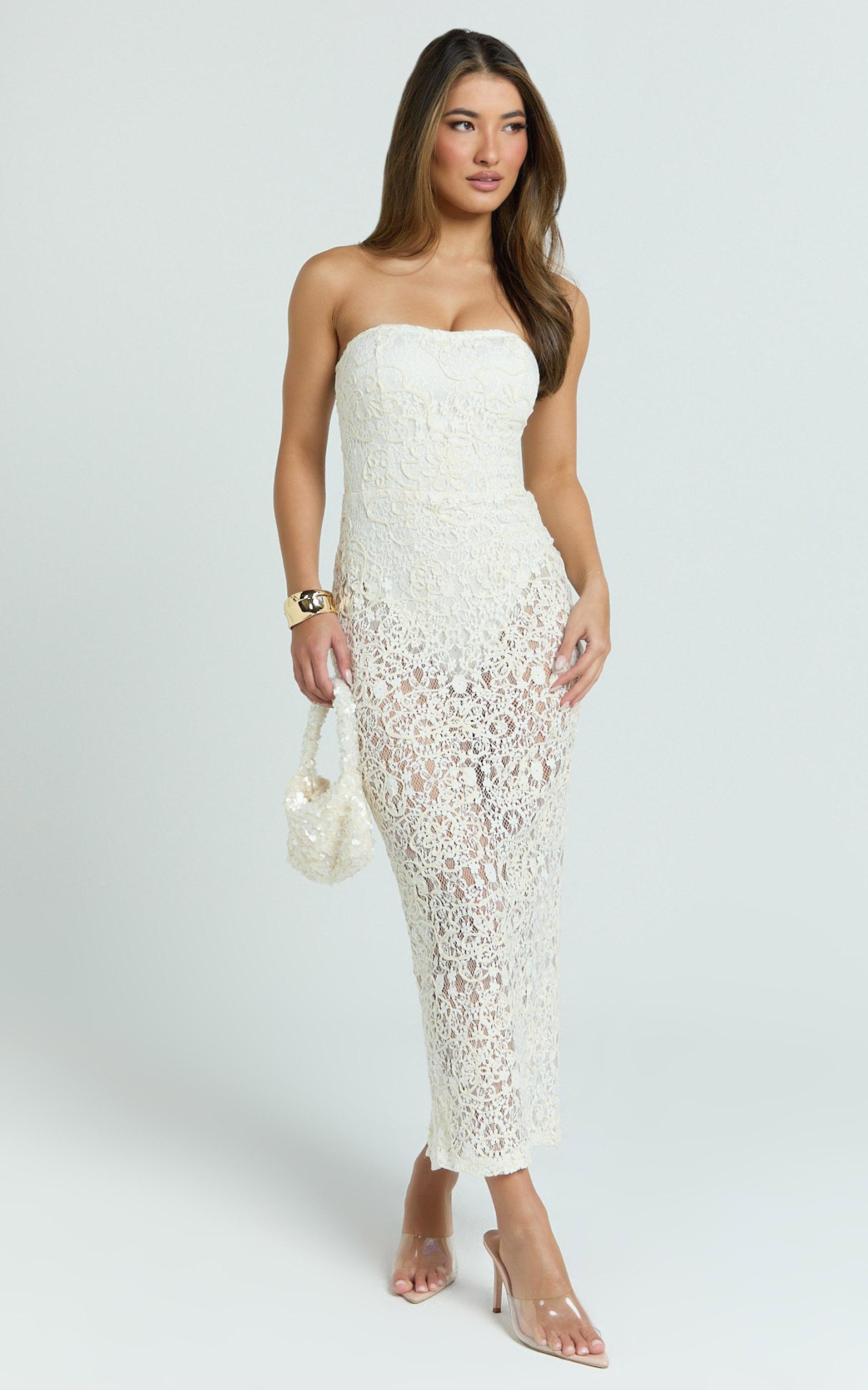 emilee midi dress - strapless jersey bodysuit sheer lace column dress in white