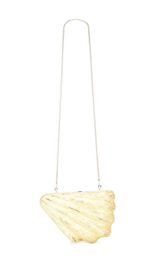 emm kuo saline fan shaped evening clutch in metallic gold.