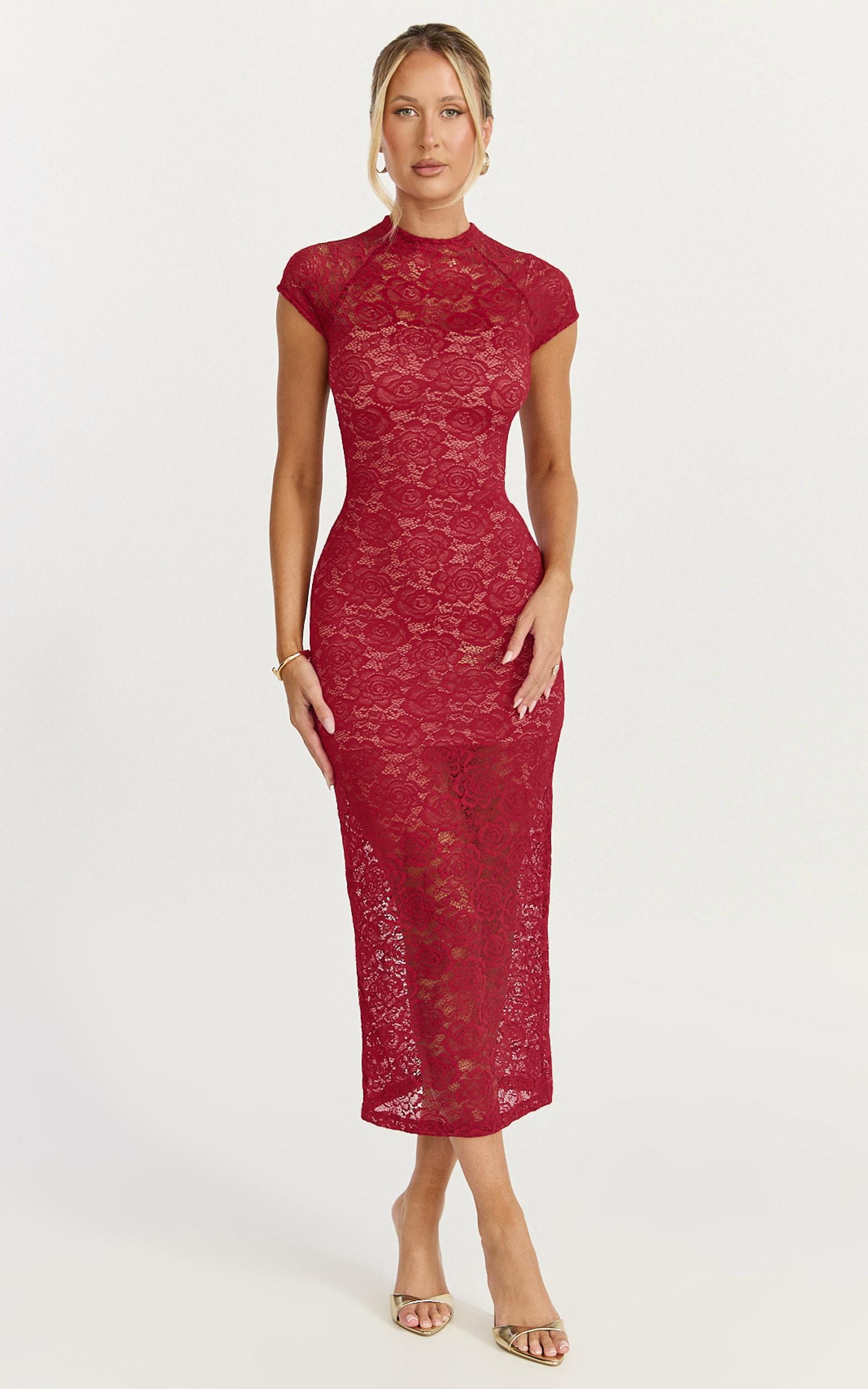 emma midi dress - lace cap sleeve bodycon dress in wine