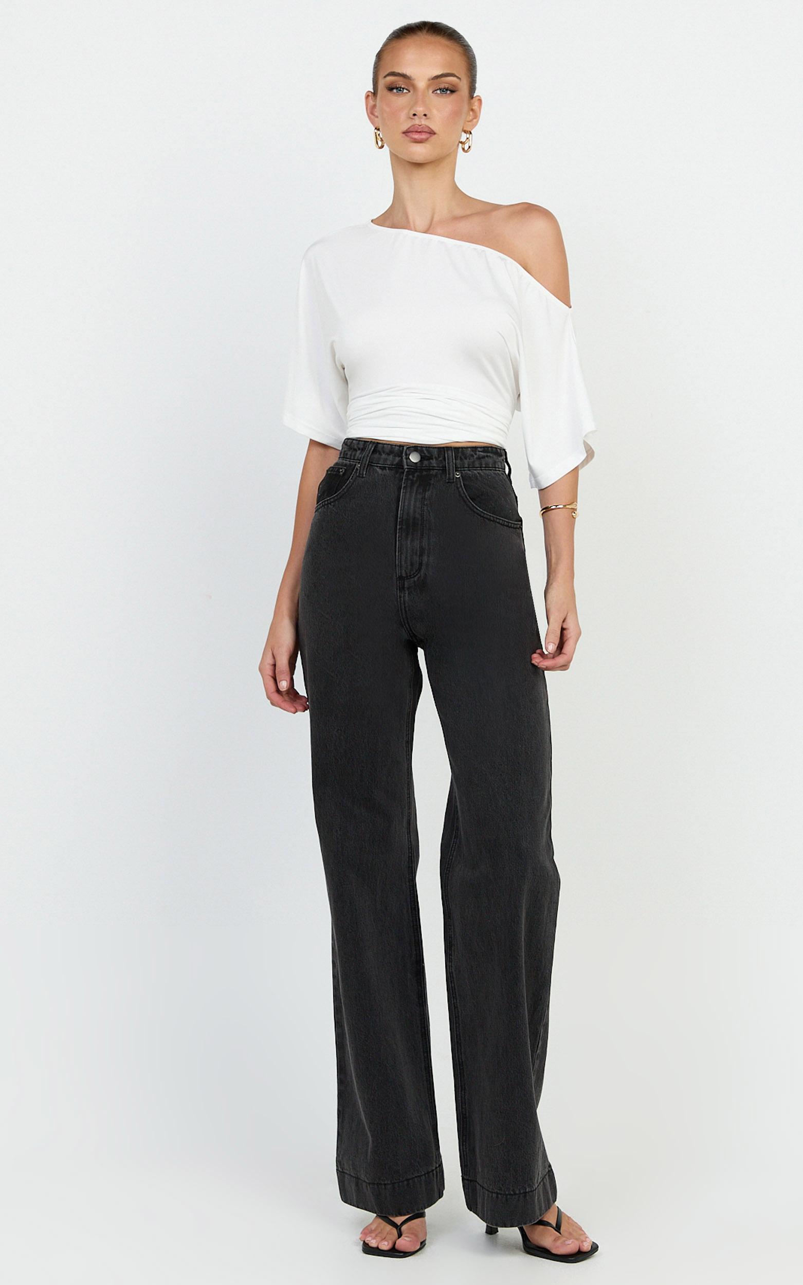 emman jeans - high waisted cotton wide leg denim jeans in black