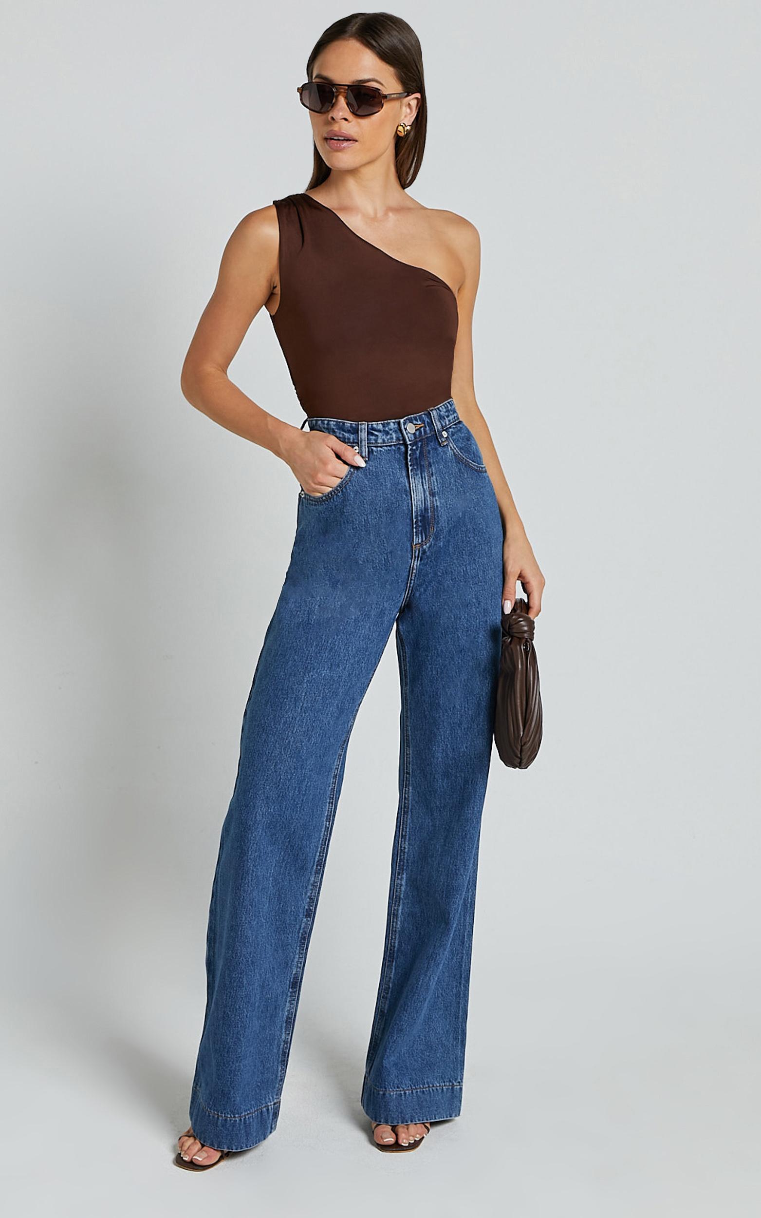 emman jeans - high waisted cotton wide leg denim jeans in dark blue wash