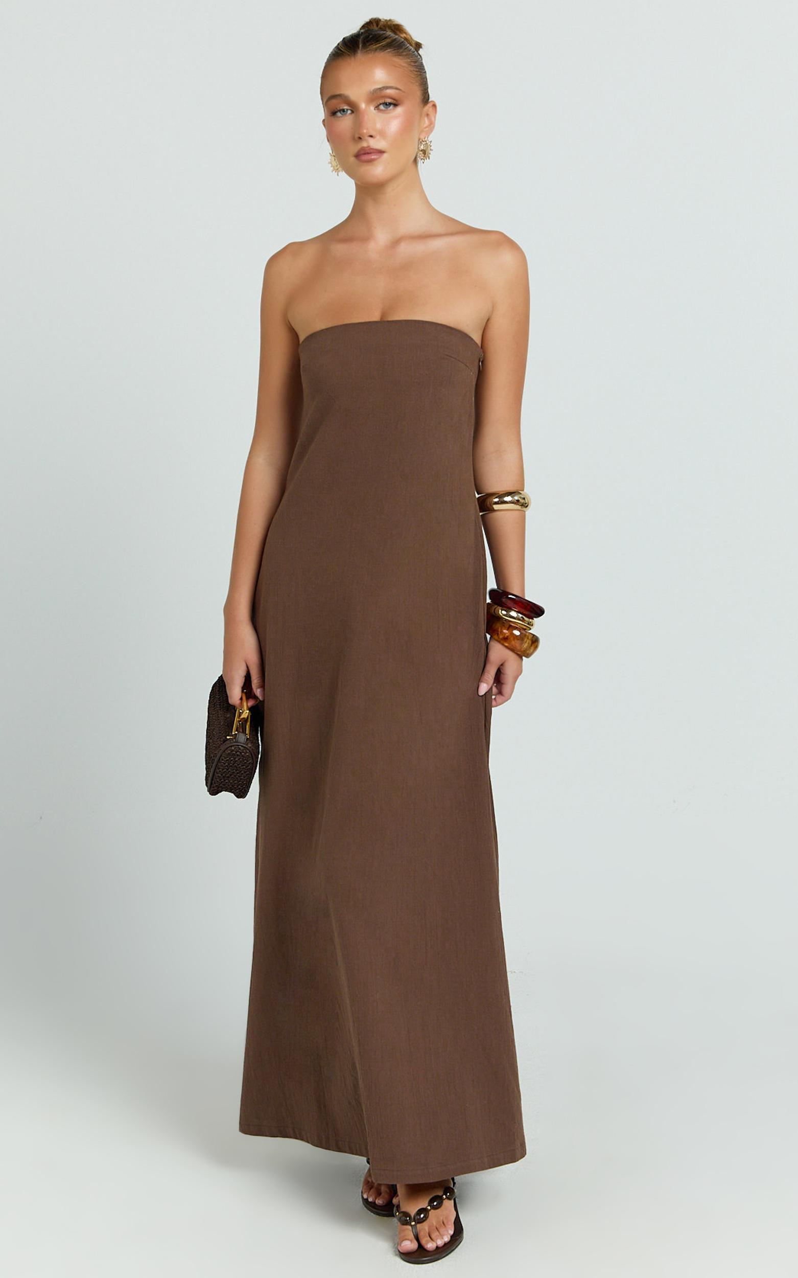 emmie midi dress - strapless trapeze dress in chocolate