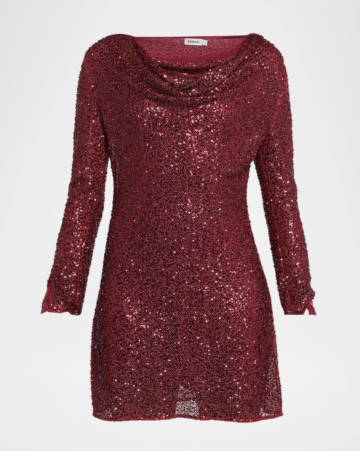 emmy cowl-neck bead & sequin mini dress