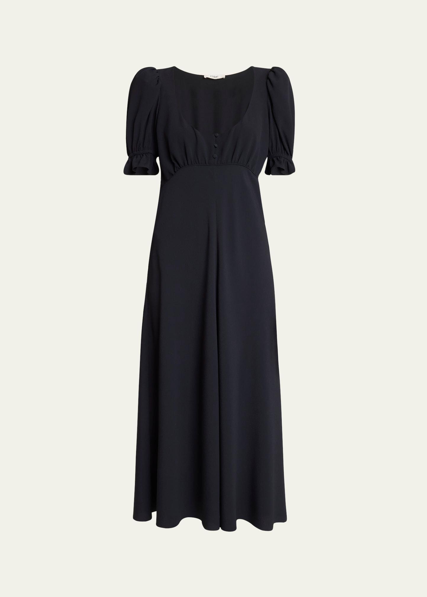 empire-waist puff-sleeve ankle dress