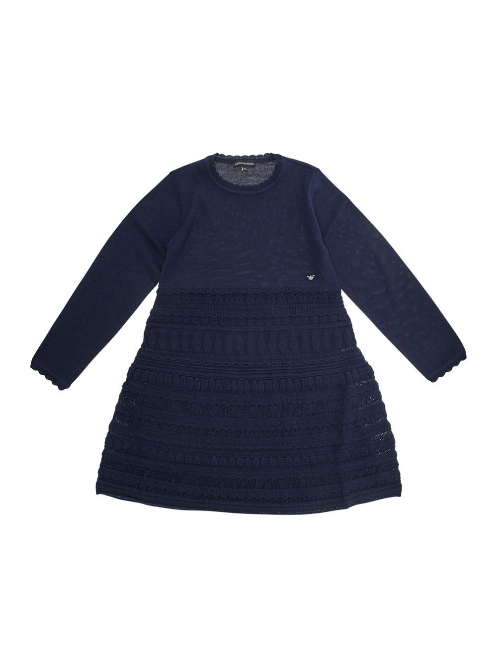 emporio armani blue dress with round neck and logo embroidery on the front in wool blend girl