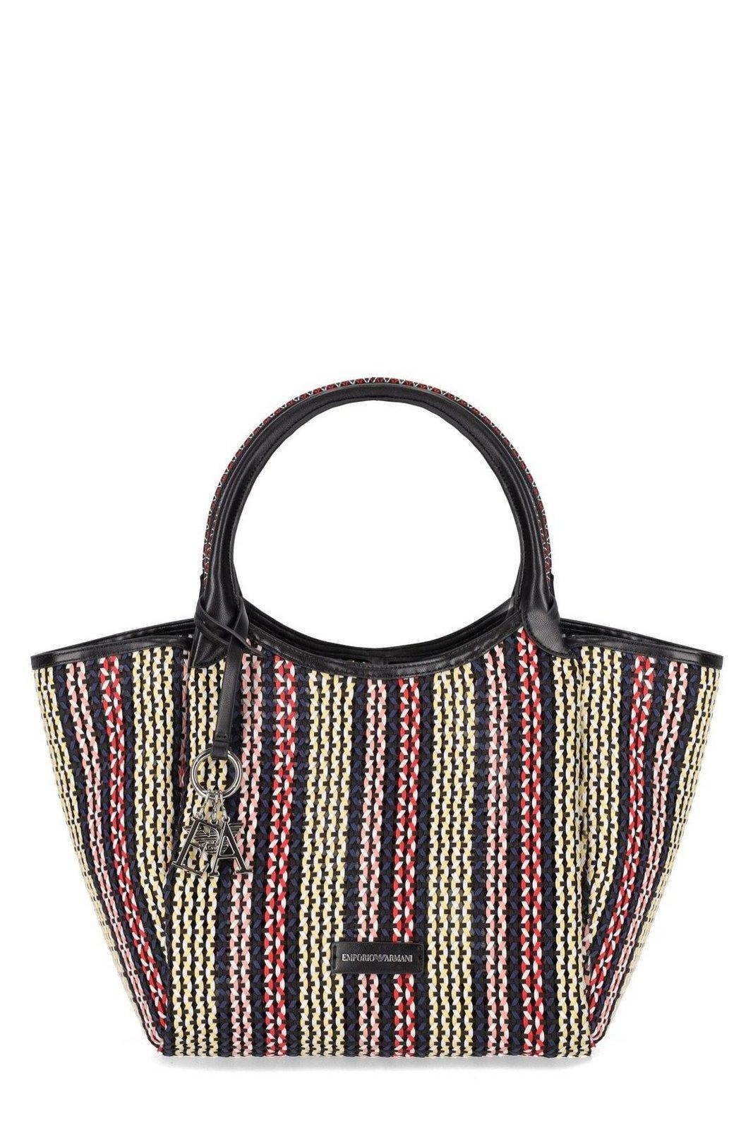 emporio armani logo charm basket-weave tote bag