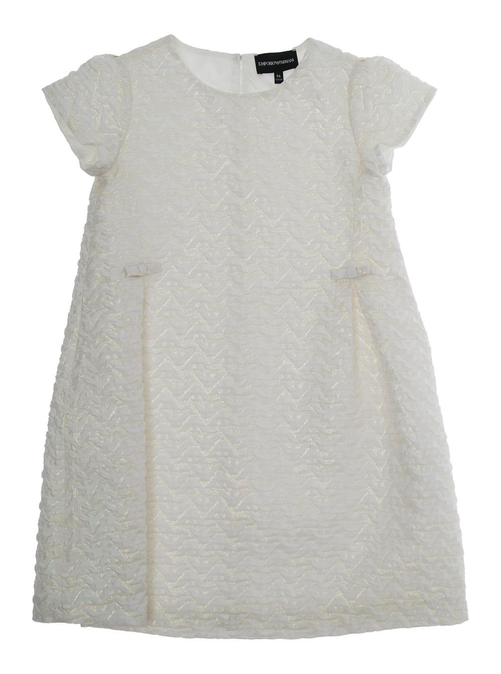 emporio armani white dress with peter pan collar and all-over logo embroidery in tech fabric girl