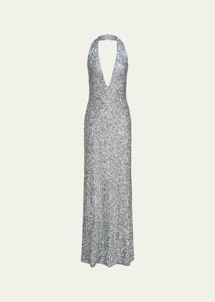ena sequin deep v-neck column gown