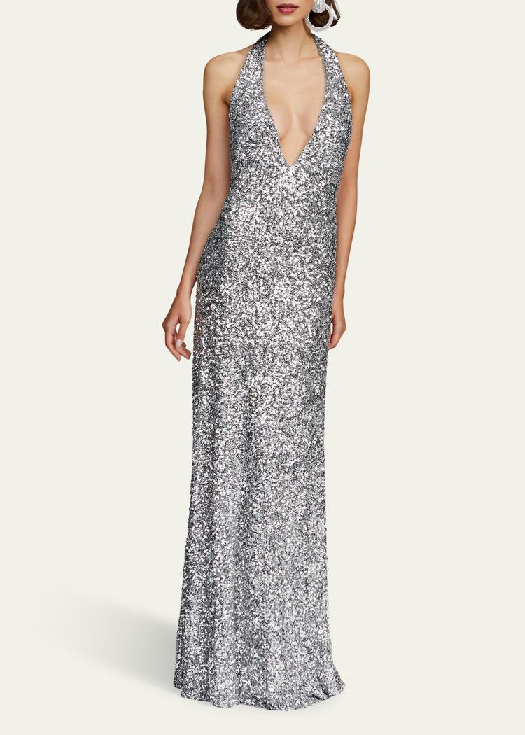 ena sequin deep v-neck column gown
