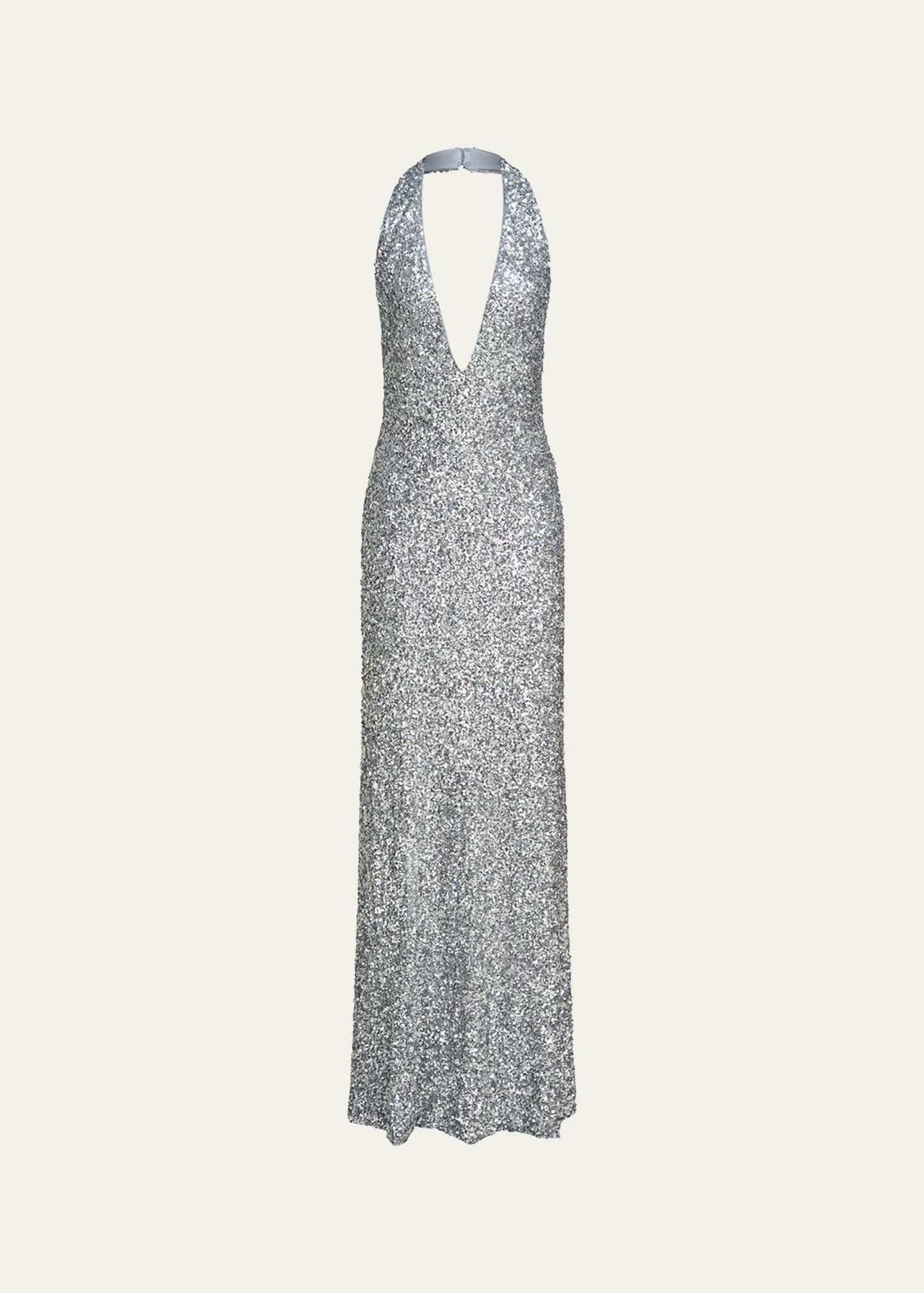 ena sequin deep v-neck column gown