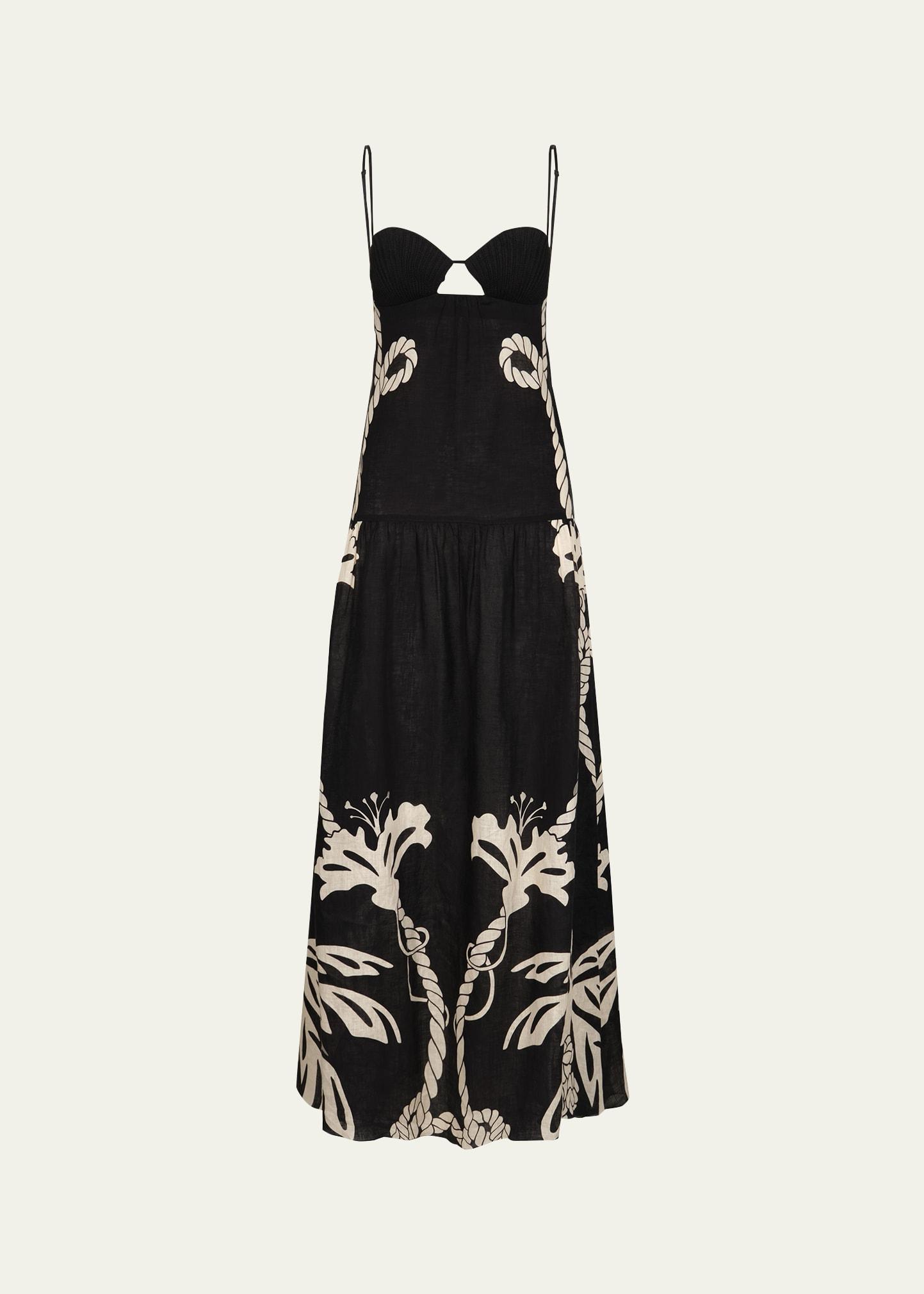 enlightened sailor printed sweetheart linen maxi dress