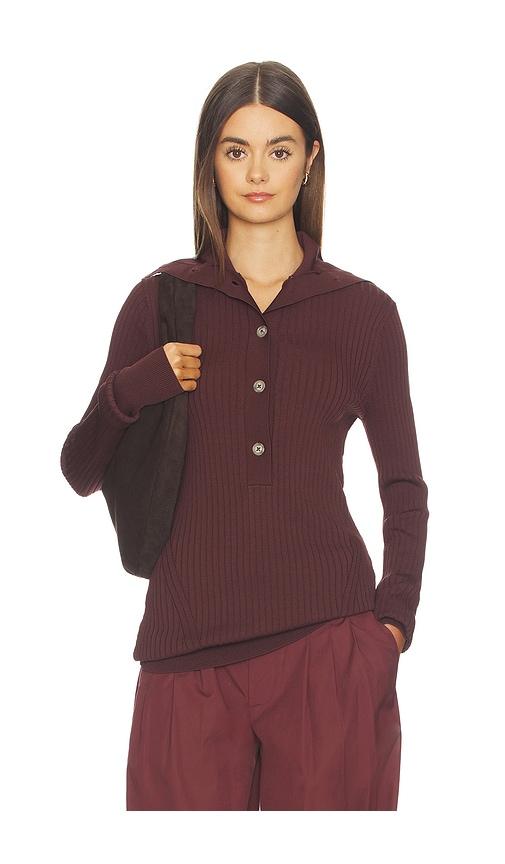 entire studios high neck henley top in chocolate.