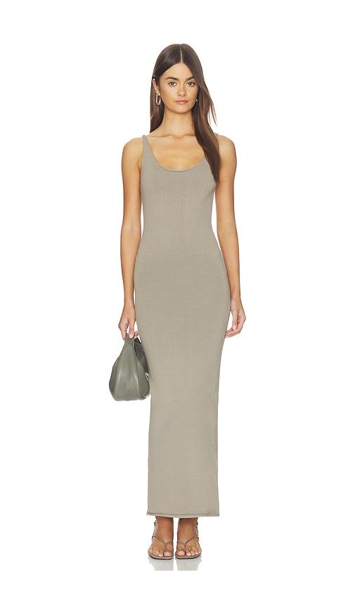 entire studios undone knit midi dress in taupe.