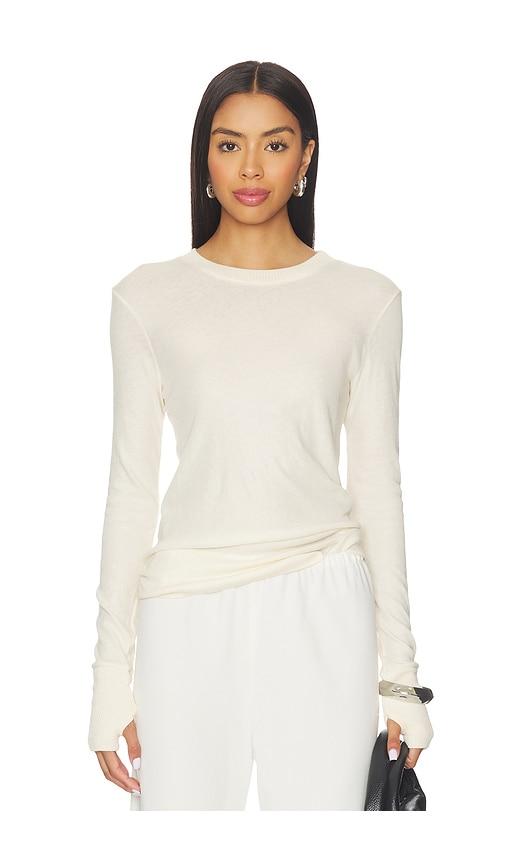 enza costa cashmere easy cuffed crew top in beige.