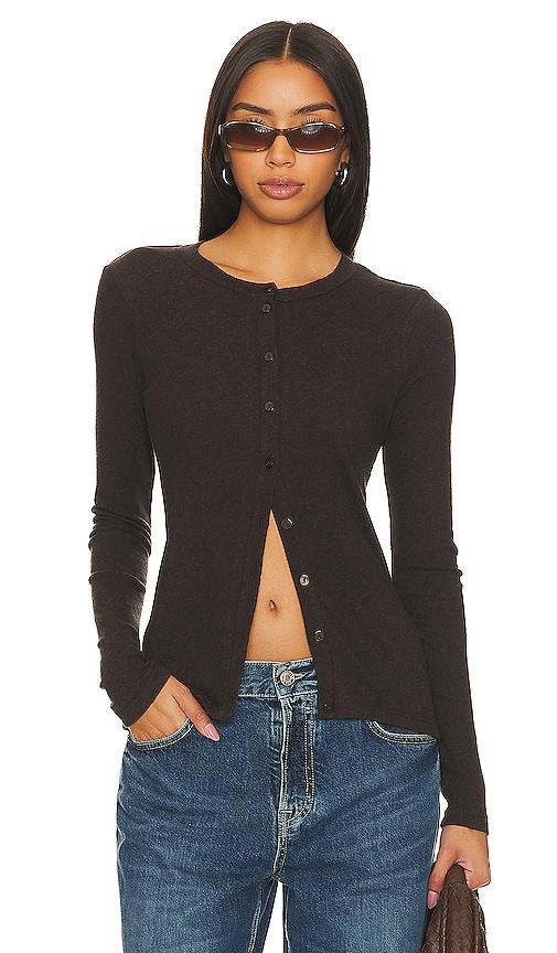 enza costa cashmere long sleeve cardigan in brown.