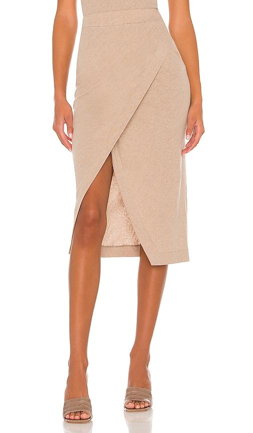 enza costa cashmere midi skirt in tan.
