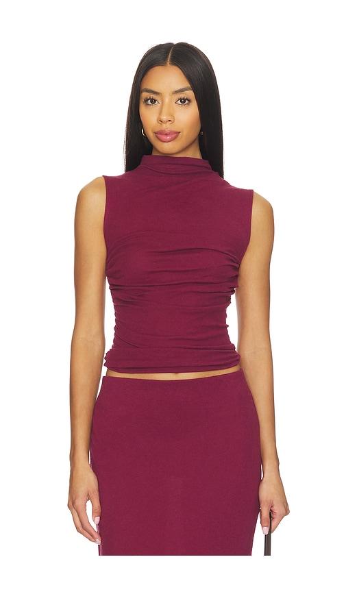 enza costa cashmere sleeveless twist top in burgundy.