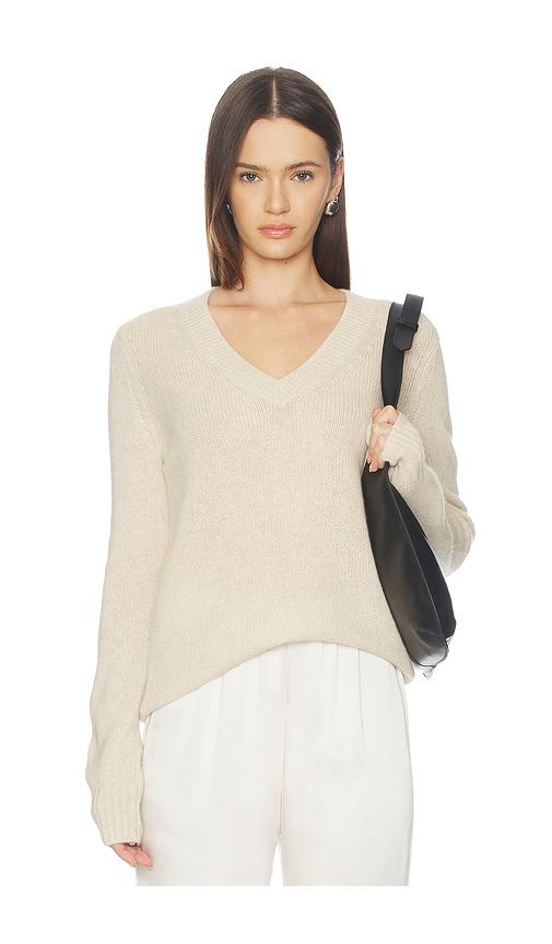 enza costa cashmere v-neck pullover in beige.