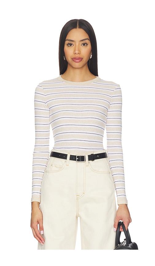enza costa cotton stripe classic long sleeve tee in beige.