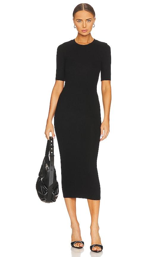 enza costa half sleeve crew midi dress in black.