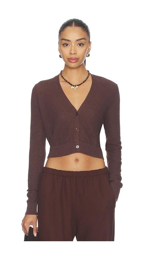 enza costa linen open knit cropped v-neck cardigan in chocolate.