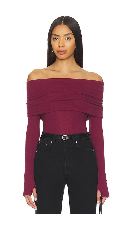 enza costa off shoulder top in burgundy.