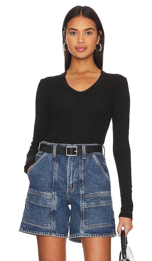 enza costa rib bold long sleeve u top in black.
