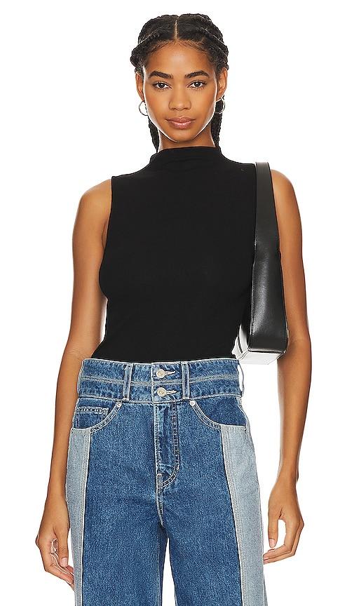 enza costa silk knit rib sleeveless mockneck in black.