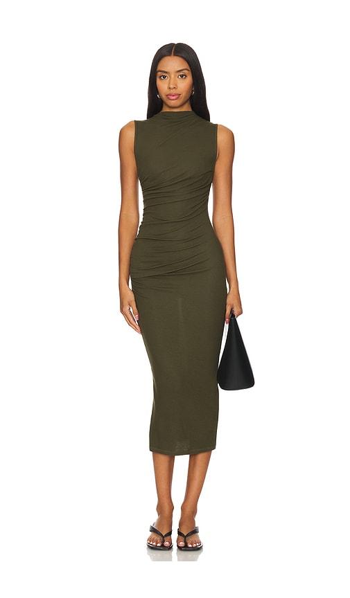 enza costa silk knit sleeveless twist midi dress in army.