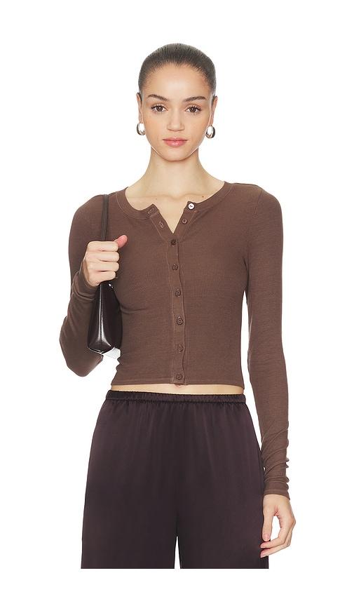 enza costa silk rib essential cardigan in brown.