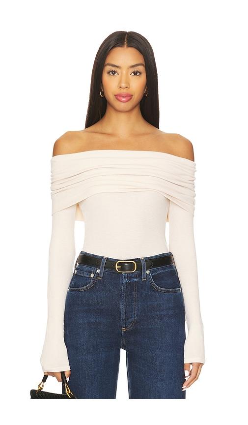 enza costa silk rib long sleeve off-shoulder top in beige.