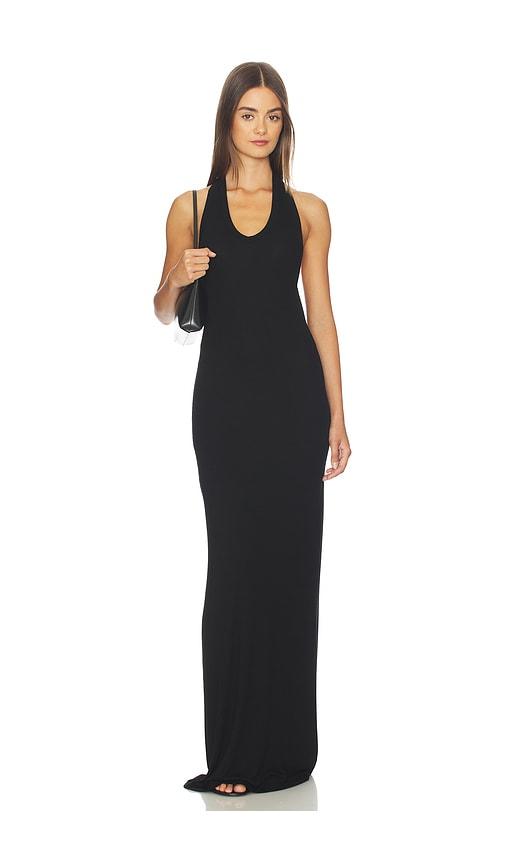 enza costa silk rib u-neck halter fluid maxi dress in black.