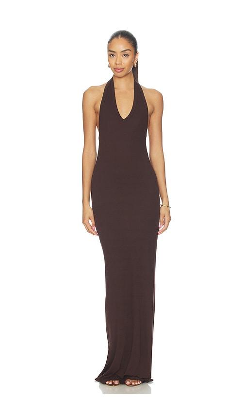 enza costa silk rib u-neck halter fluid maxi dress in chocolate.
