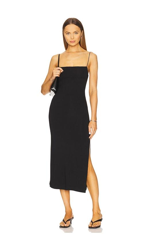 enza costa strappy side slit dress in black.