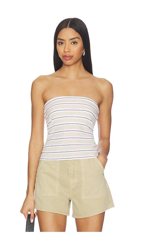 enza costa stripe classic bandeau top in beige.
