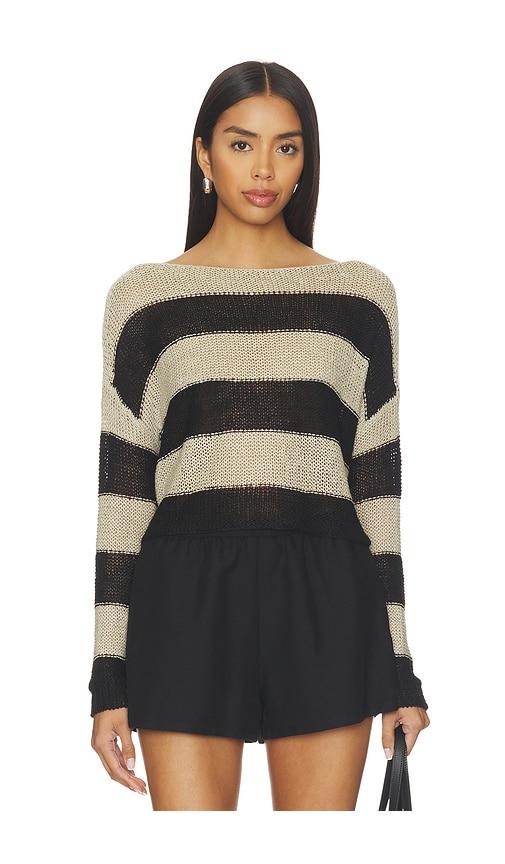 enza costa stripe linen bateau sweater in black,beige.