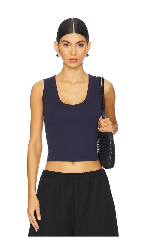enza costa supima baby cropped u tank top in navy.