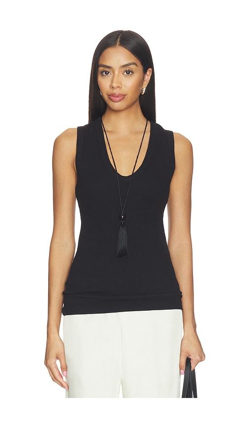 enza costa textured rib sleeveless u top in black.